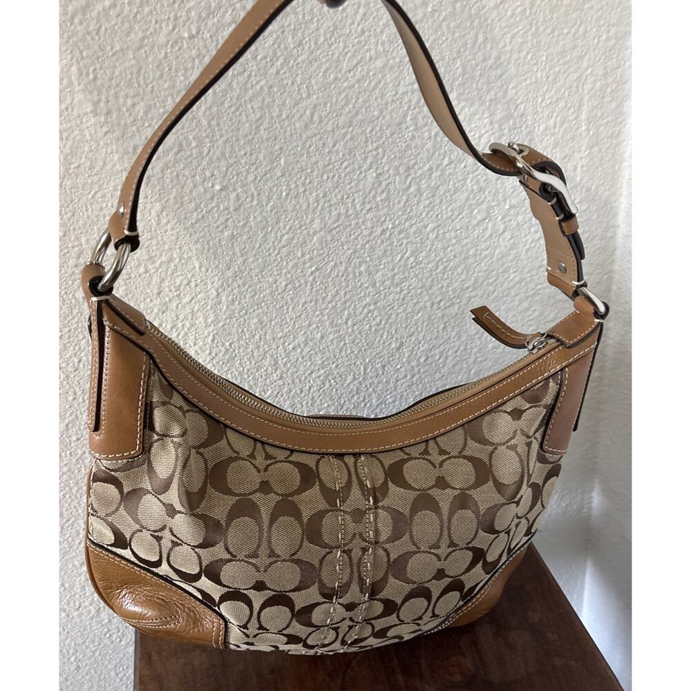COACH Handbag Hamptons Hobo Signature Canvas Tan Caramel Leather Silver 11576 - Picture 6 of 11